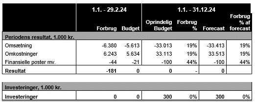 Tabel med et overblik over periodens resultater for Favrskov Forsyning i perioden 01.01.2024 til 29.02.2024